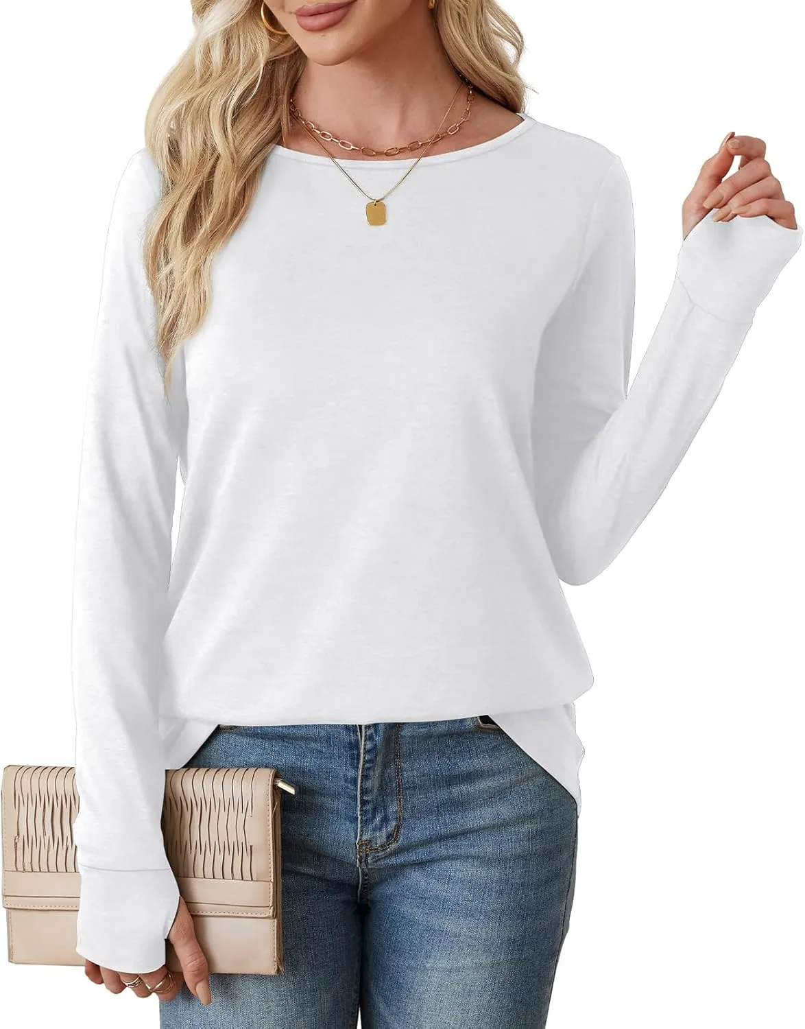 OFEEFAN Long Sleeve Shirts for Women Tunic Tops Thumb Hole Oversized Tshirts Fall Outfits