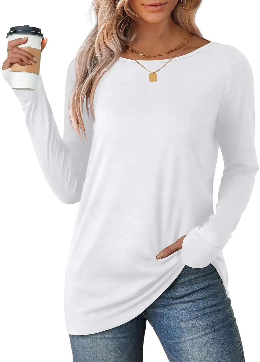 OFEEFAN Long Sleeve Shirts for Women Tunic Tops Thumb Hole Oversized Tshirts Fall Outfits