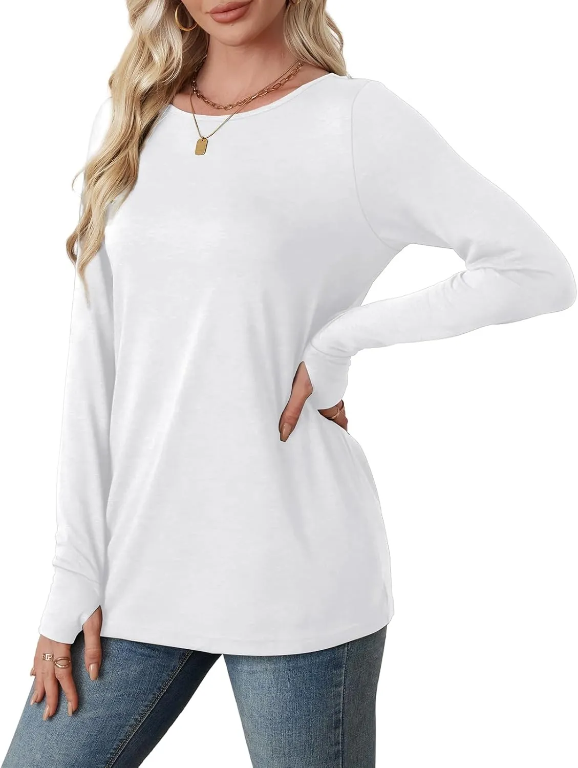 OFEEFAN Long Sleeve Shirts for Women Tunic Tops Thumb Hole Oversized Tshirts Fall Outfits