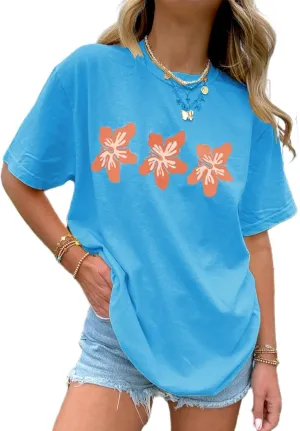 Oversized Y2k Floral Graphic Tees for Women Fruit Print Vintage Aesthetic Tops Baggy Summer Preppy Teen Girl Clothes