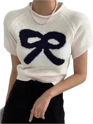 OYOANGLE Women's Bow Printed Pullover Sweaters Crew Neck Short Sleeve Ribbed Knit Casual Crop Tops Knitwear
