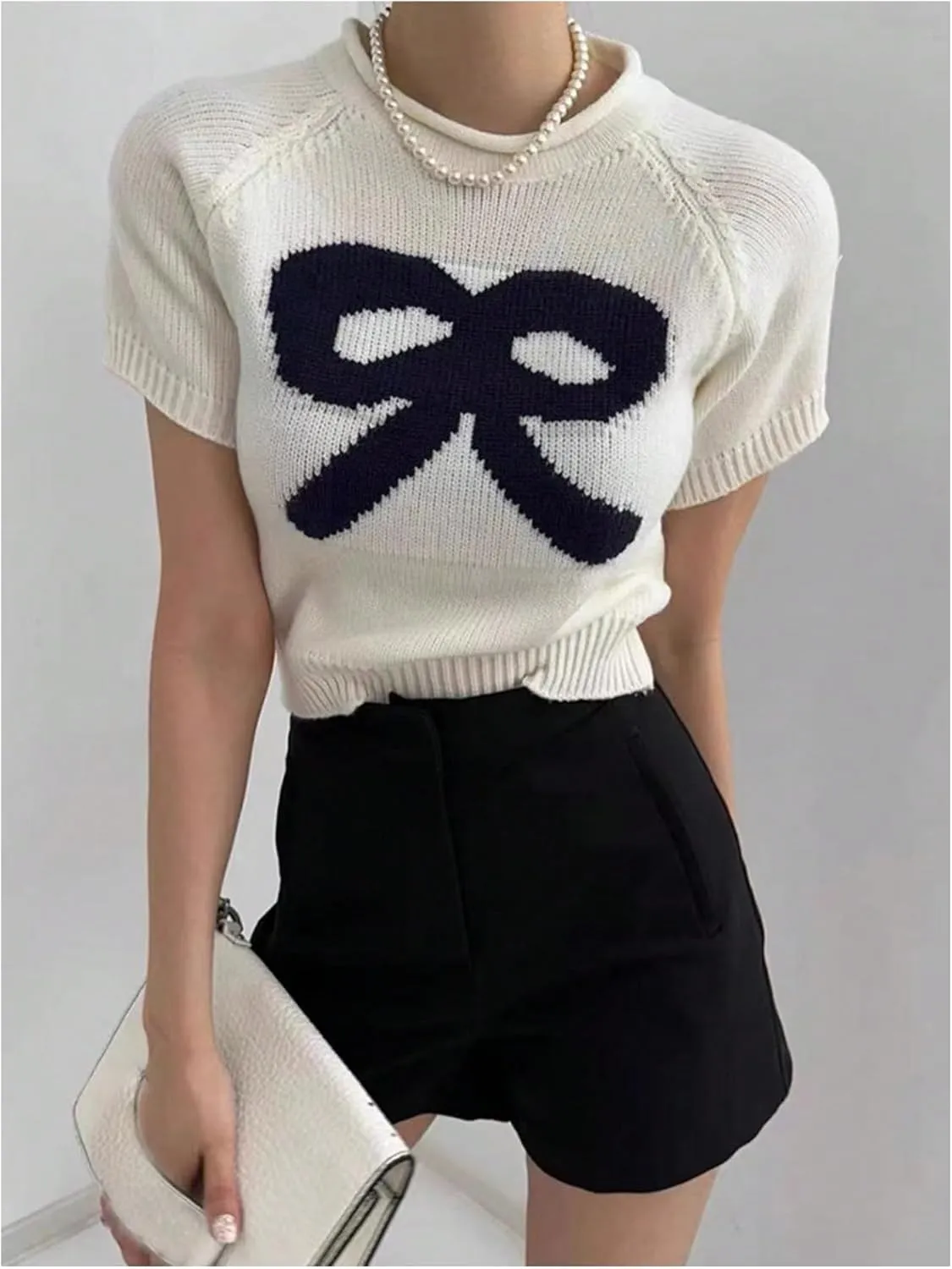 OYOANGLE Women's Bow Printed Pullover Sweaters Crew Neck Short Sleeve Ribbed Knit Casual Crop Tops Knitwear