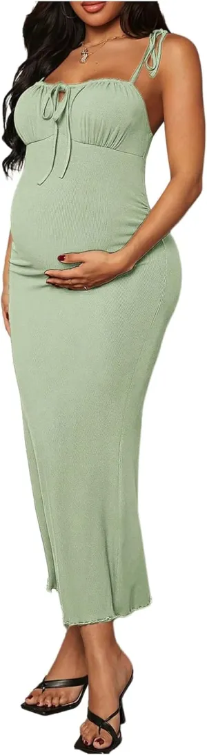 OYOANGLE Women's Maternity Drawstring Front Cami Dress Ribbed Knit Bodycon Midi Dresses