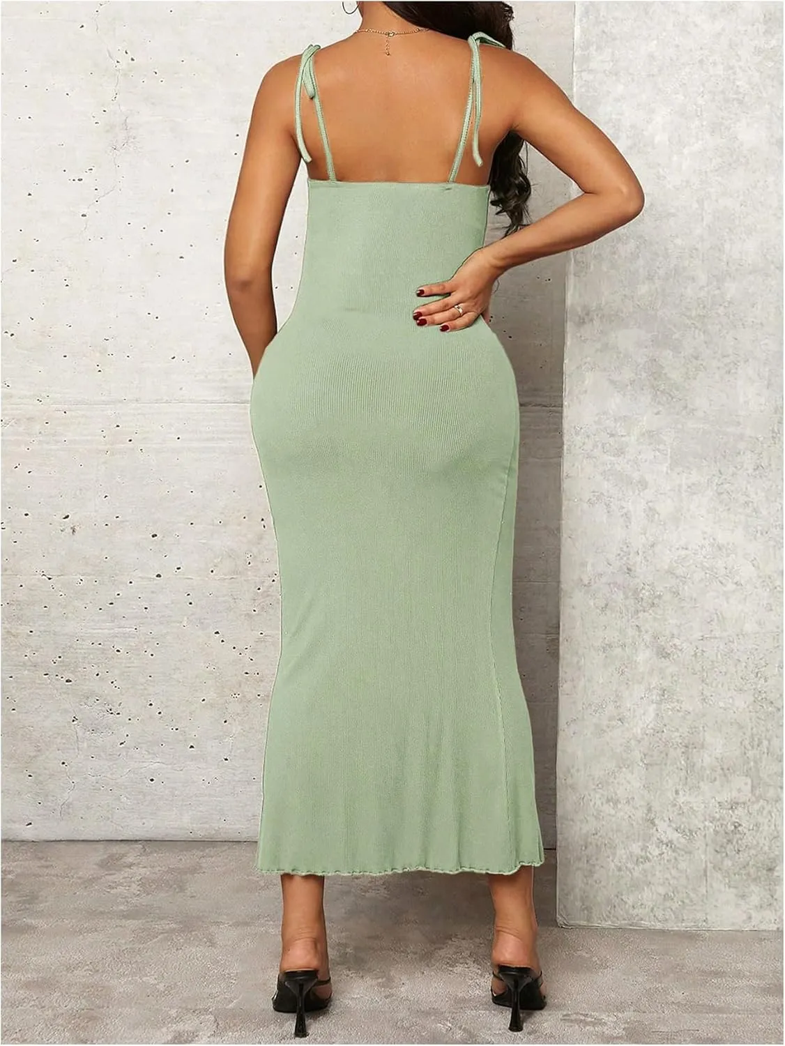 OYOANGLE Women's Maternity Drawstring Front Cami Dress Ribbed Knit Bodycon Midi Dresses