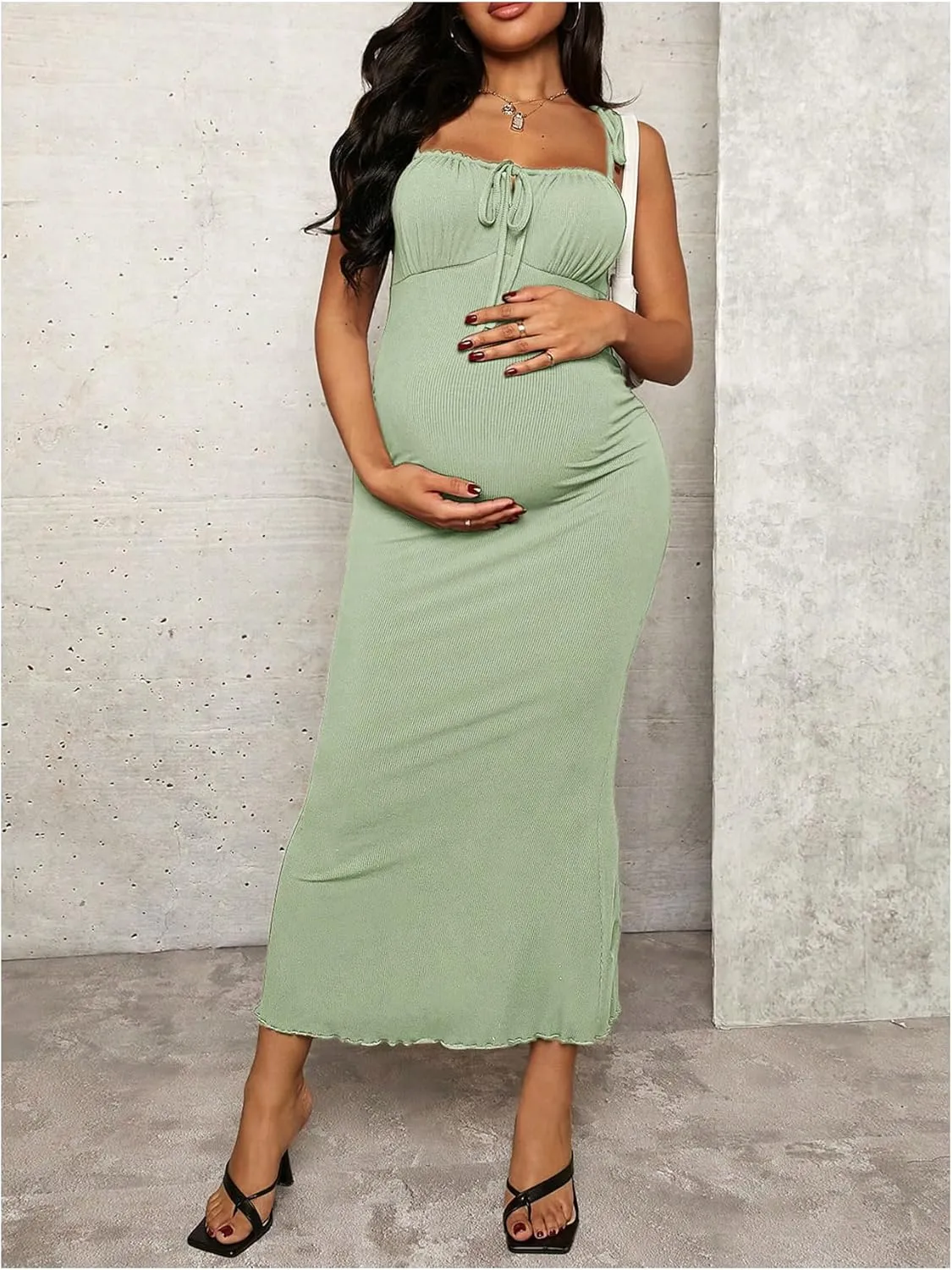 OYOANGLE Women's Maternity Drawstring Front Cami Dress Ribbed Knit Bodycon Midi Dresses