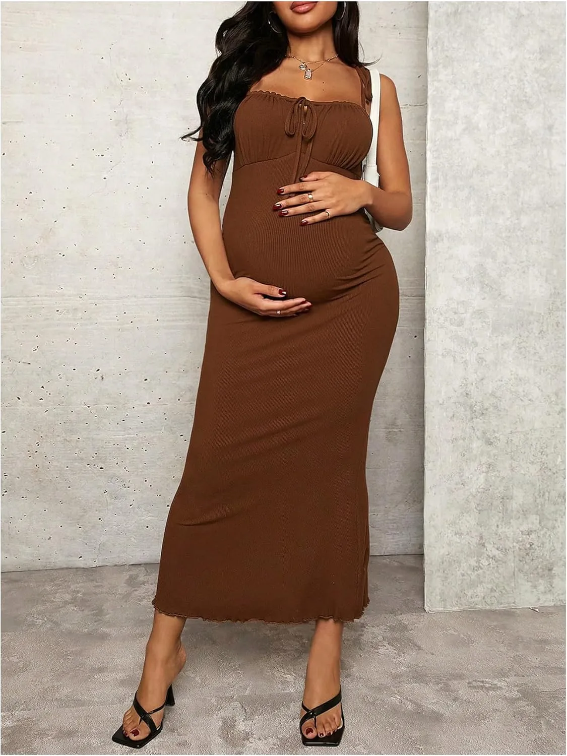 OYOANGLE Women's Maternity Drawstring Front Cami Dress Ribbed Knit Bodycon Midi Dresses