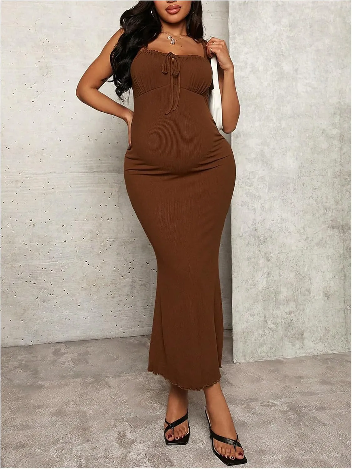 OYOANGLE Women's Maternity Drawstring Front Cami Dress Ribbed Knit Bodycon Midi Dresses