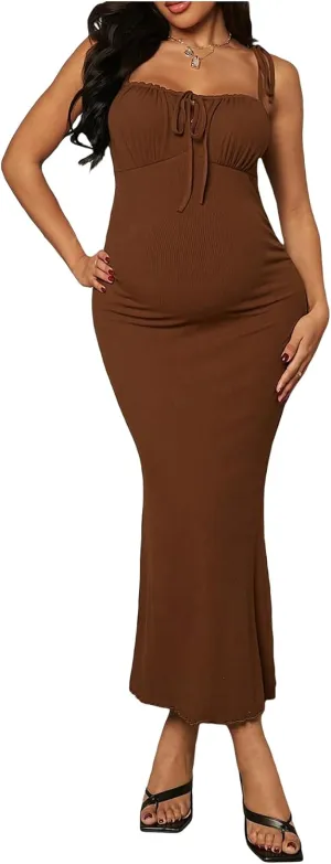 OYOANGLE Women's Maternity Drawstring Front Cami Dress Ribbed Knit Bodycon Midi Dresses
