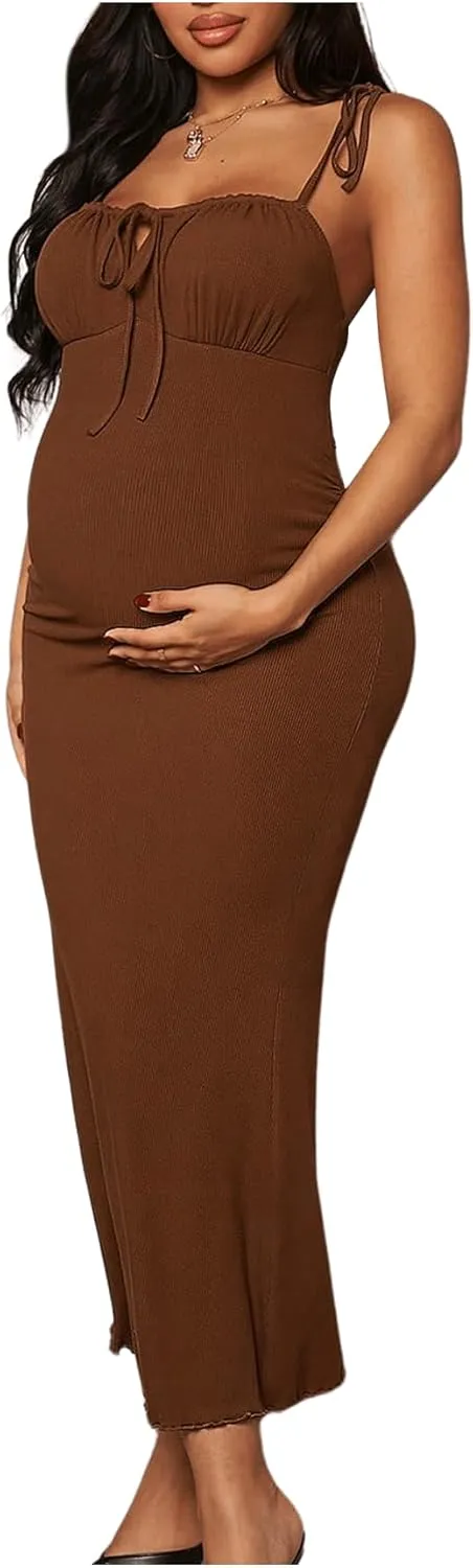 OYOANGLE Women's Maternity Drawstring Front Cami Dress Ribbed Knit Bodycon Midi Dresses