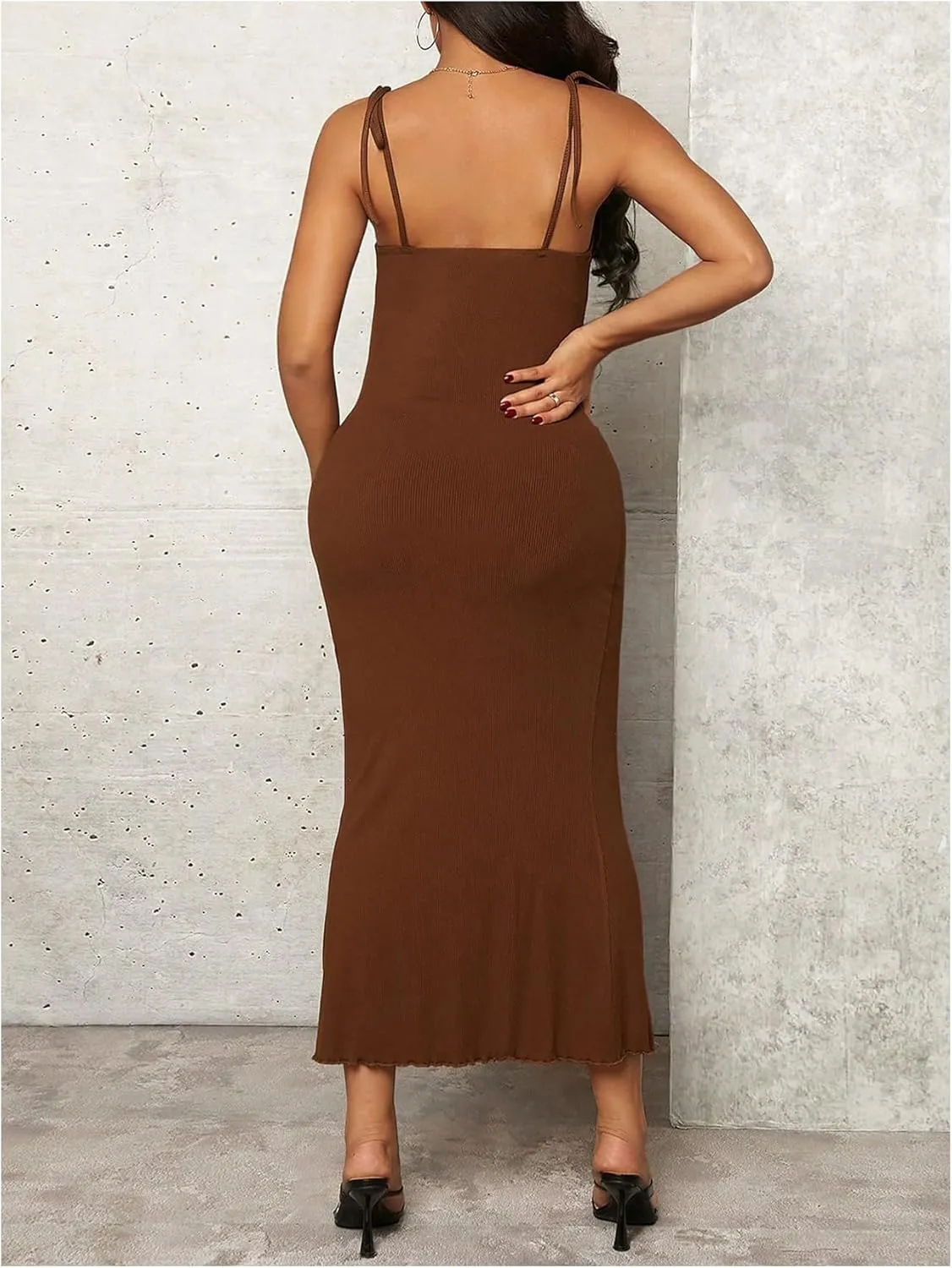 OYOANGLE Women's Maternity Drawstring Front Cami Dress Ribbed Knit Bodycon Midi Dresses