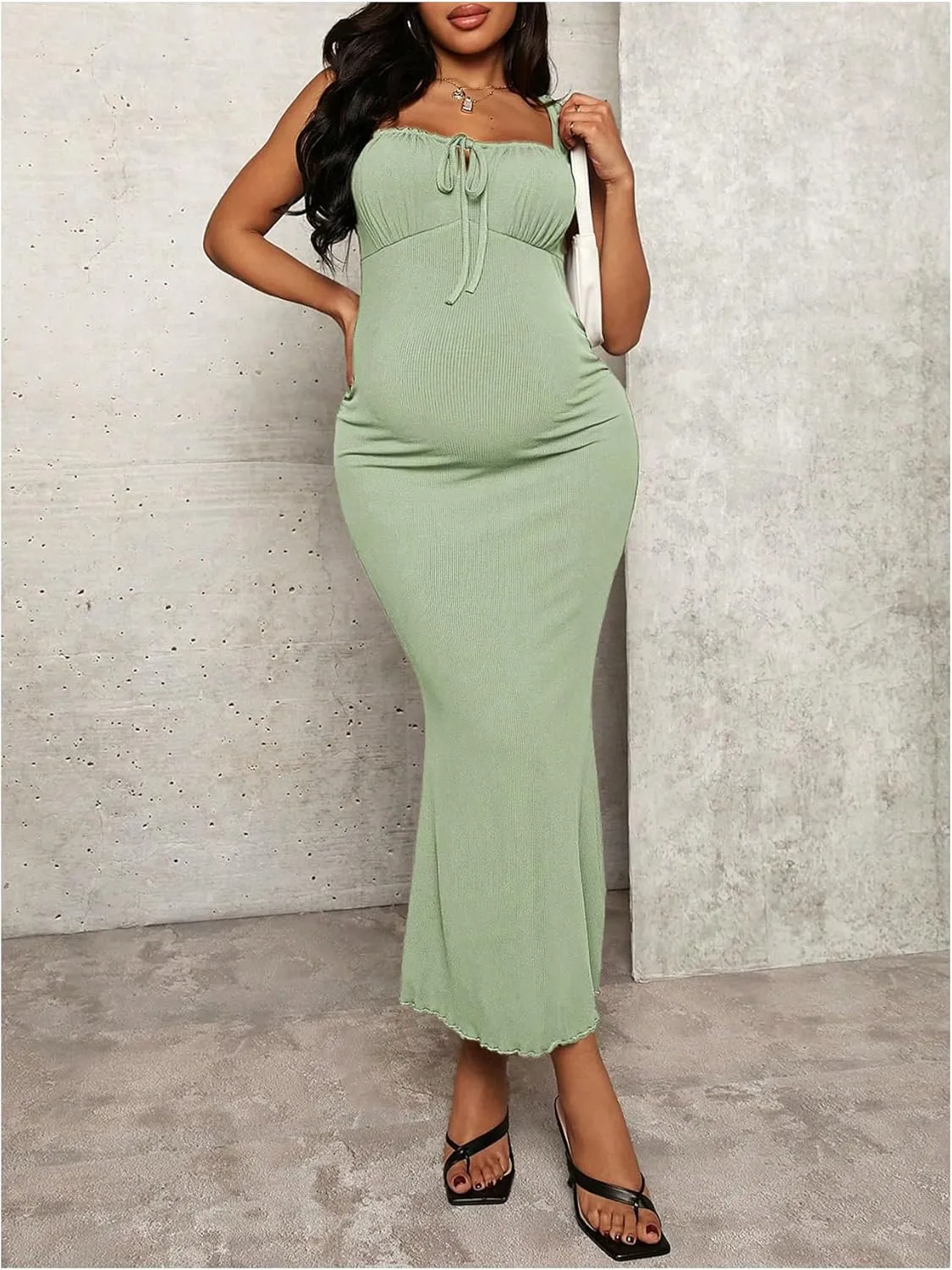 OYOANGLE Women's Maternity Drawstring Front Cami Dress Ribbed Knit Bodycon Midi Dresses