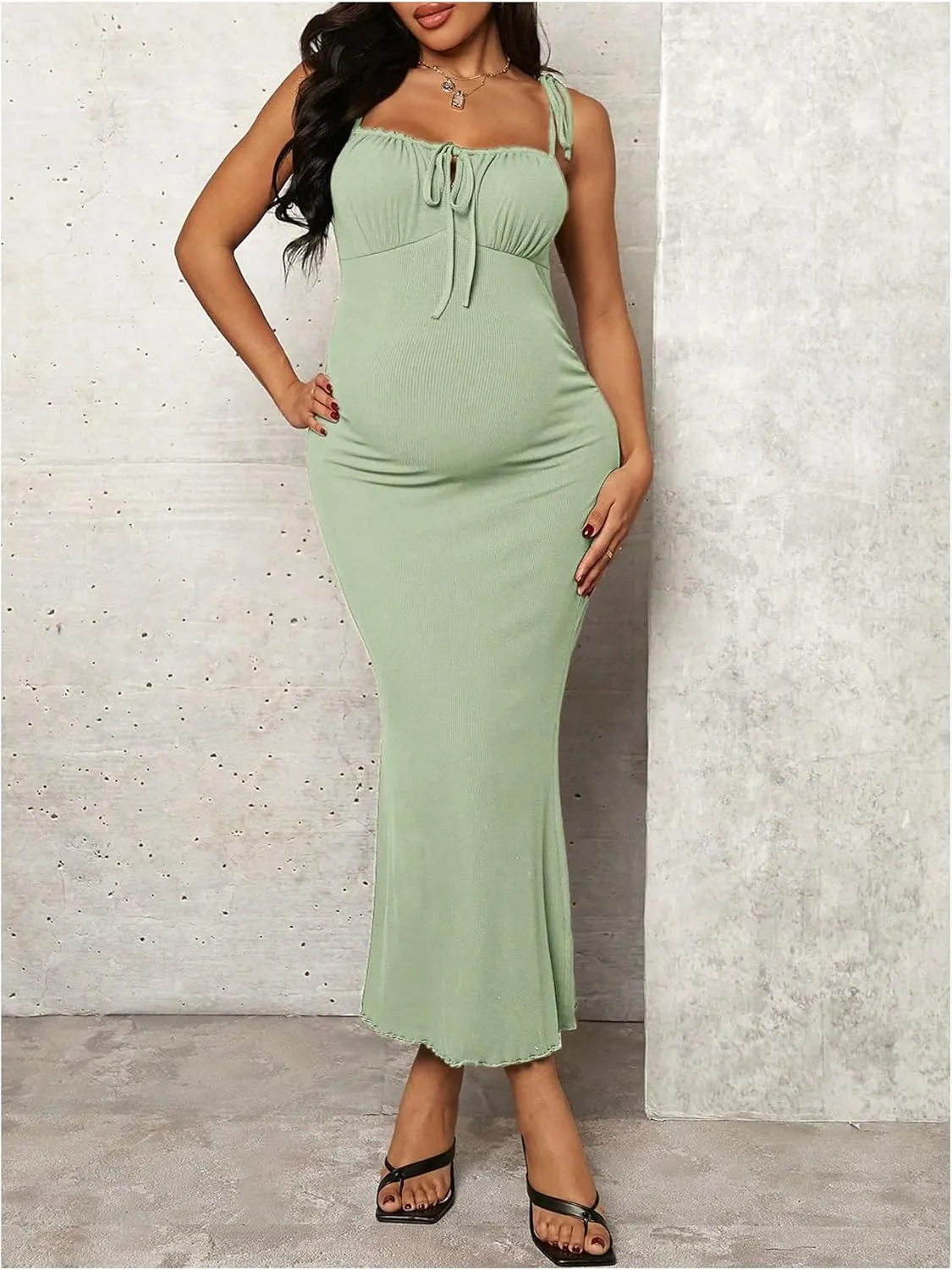 OYOANGLE Women's Maternity Drawstring Front Cami Dress Ribbed Knit Bodycon Midi Dresses