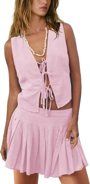 Panadila Womens 2 Piece Skirt Sets Beach Linen Set Tie Front Vest Top and Pleated Skirts Matching Outfits