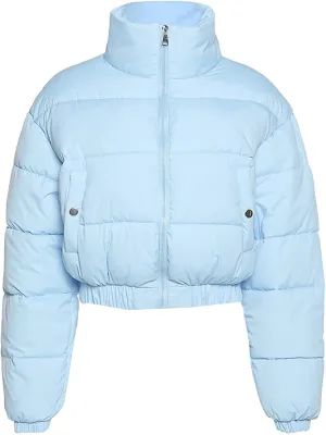 PEHMEA Womens Cropped Puffer Jacket Winter Zip Up Padded Down Coats(02 Blue, Small)