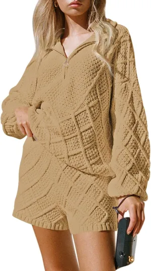 Pink Queen Women's 2024 Fall 2 Piece Outfits Sweater Set Half Zip Cable Knit Pullover Top and Shorts Pant Lounge Sets