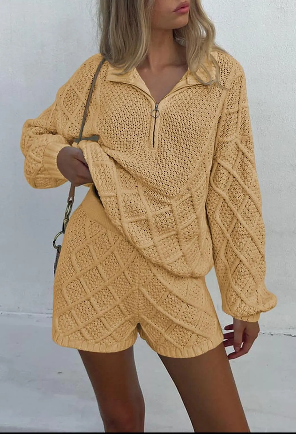 Pink Queen Women's 2024 Fall 2 Piece Outfits Sweater Set Half Zip Cable Knit Pullover Top and Shorts Pant Lounge Sets