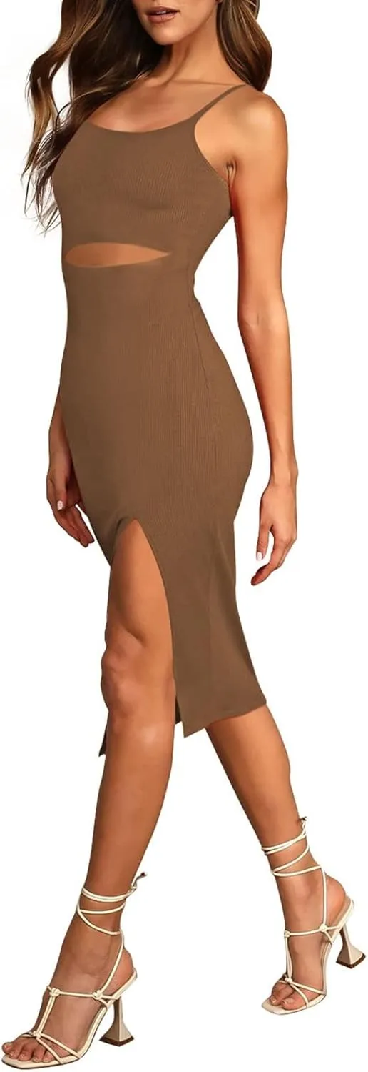 Pink Queen Women's Spaghetti Strap Cutout Side Slit Ribbed Knee Length Bodycon Midi Dress