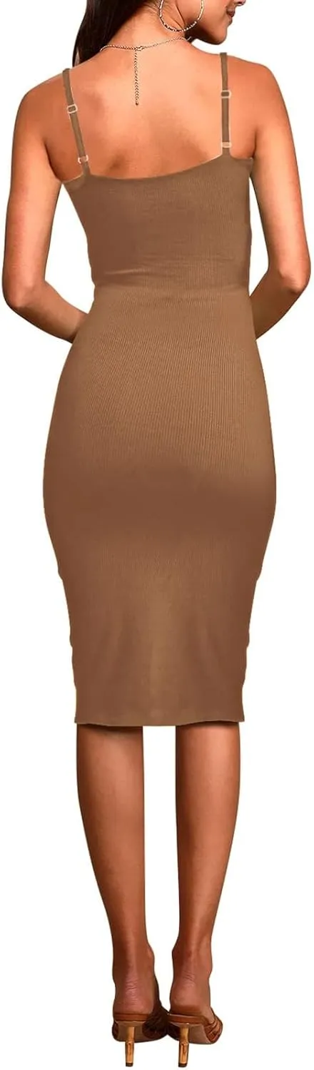 Pink Queen Women's Spaghetti Strap Cutout Side Slit Ribbed Knee Length Bodycon Midi Dress