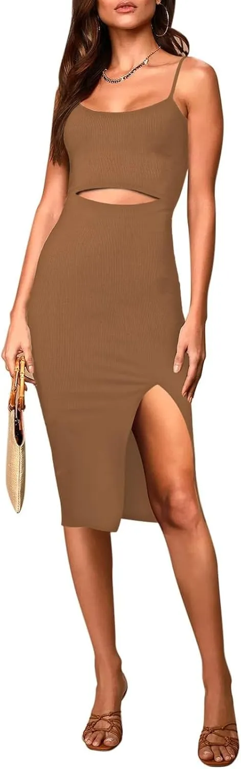 Pink Queen Women's Spaghetti Strap Cutout Side Slit Ribbed Knee Length Bodycon Midi Dress