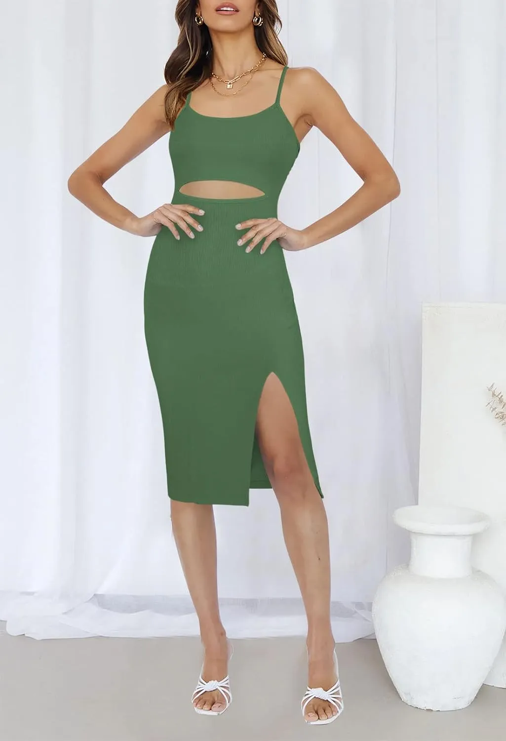 Pink Queen Women's Spaghetti Strap Cutout Side Slit Ribbed Knee Length Bodycon Midi Dress