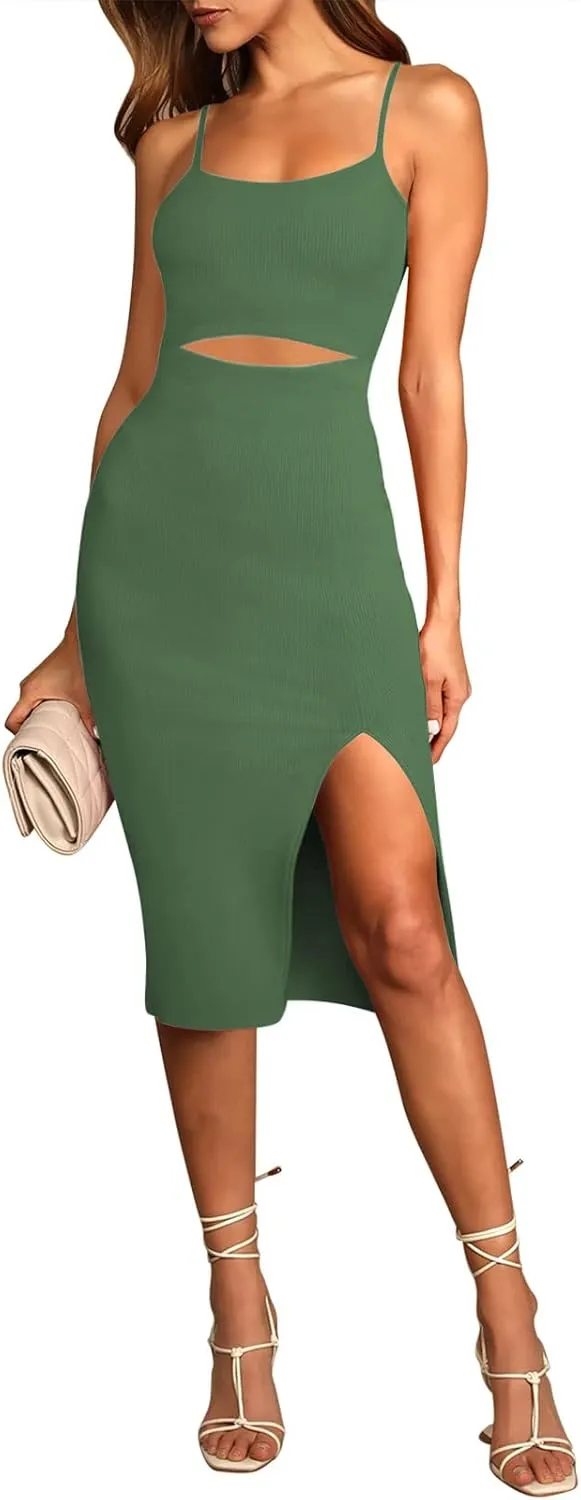 Pink Queen Women's Spaghetti Strap Cutout Side Slit Ribbed Knee Length Bodycon Midi Dress