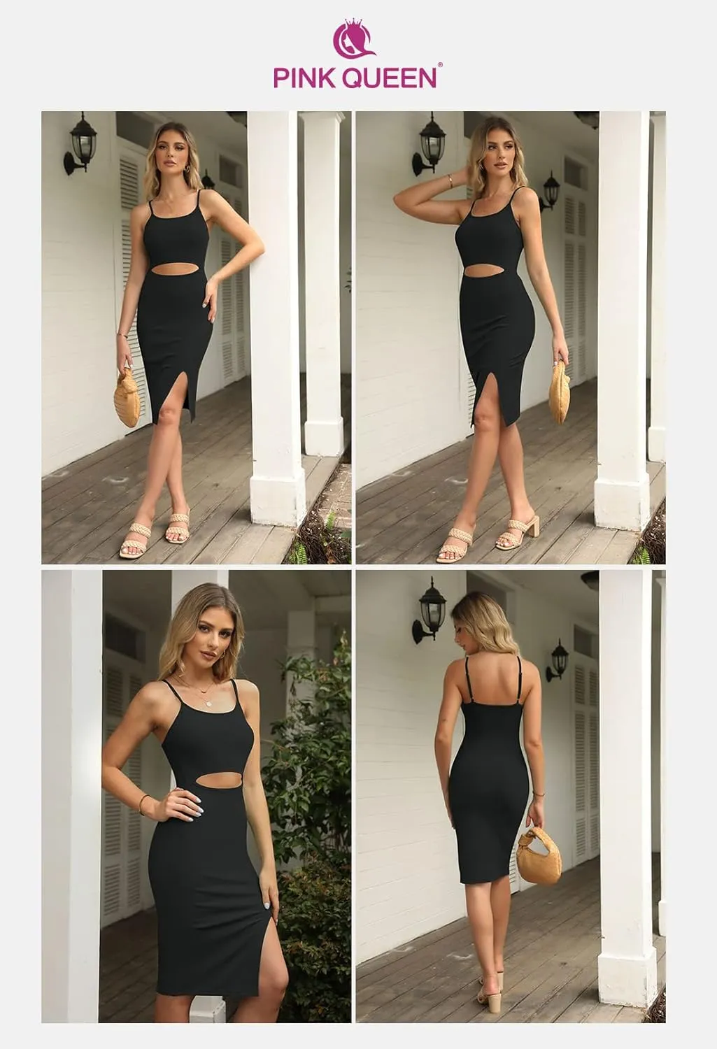 Pink Queen Women's Spaghetti Strap Cutout Side Slit Ribbed Knee Length Bodycon Midi Dress