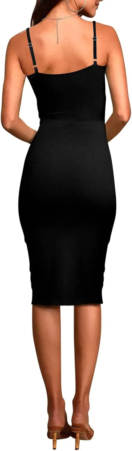 Pink Queen Women's Spaghetti Strap Cutout Side Slit Ribbed Knee Length Bodycon Midi Dress