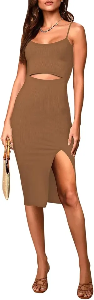 Pink Queen Women's Spaghetti Strap Cutout Side Slit Ribbed Knee Length Bodycon Midi Dress