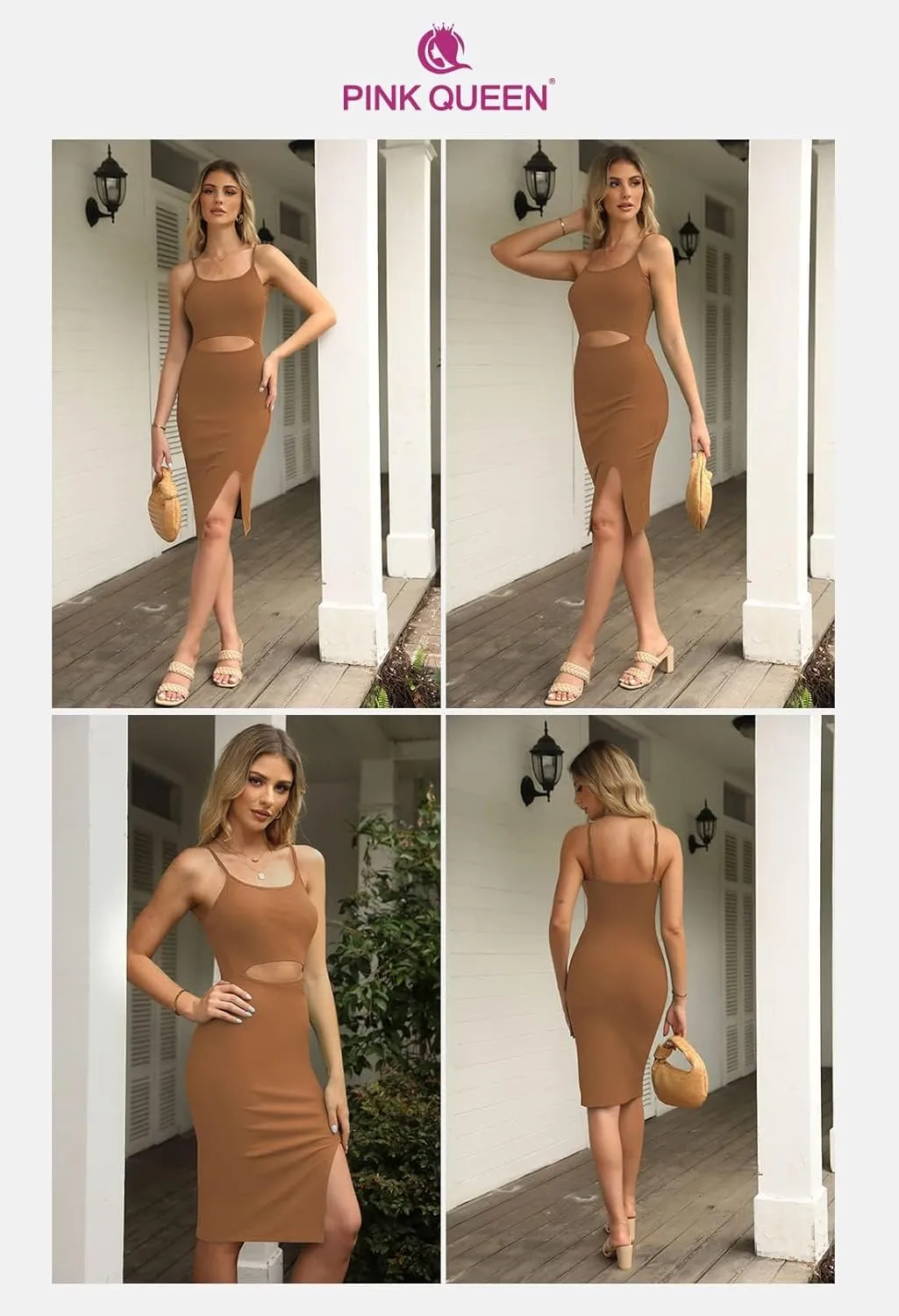 Pink Queen Women's Spaghetti Strap Cutout Side Slit Ribbed Knee Length Bodycon Midi Dress