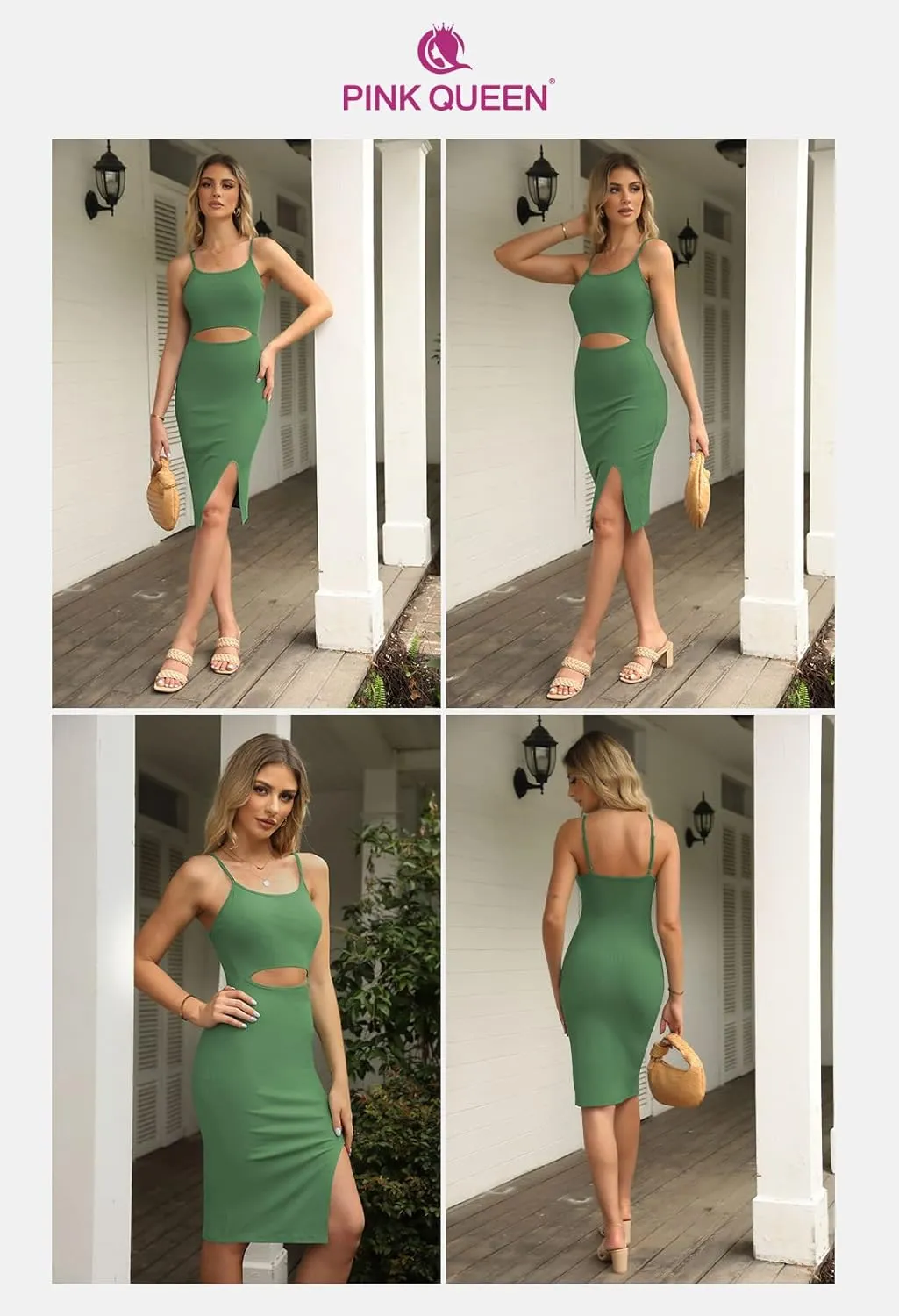 Pink Queen Women's Spaghetti Strap Cutout Side Slit Ribbed Knee Length Bodycon Midi Dress