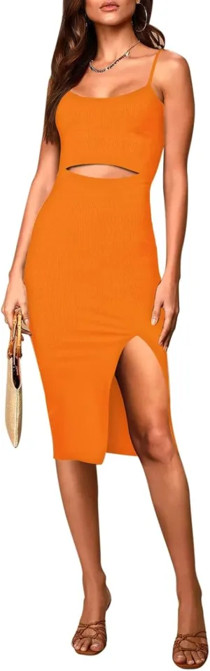 Pink Queen Women's Spaghetti Strap Cutout Side Slit Ribbed Knee Length Bodycon Midi Dress