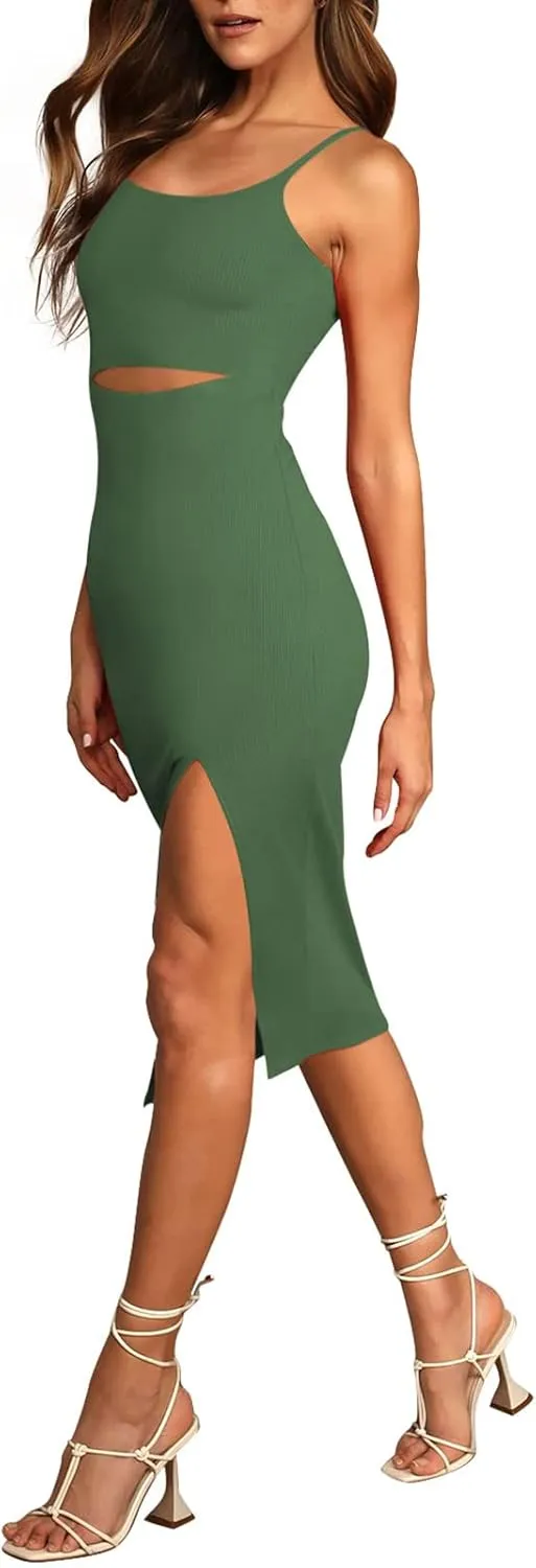 Pink Queen Women's Spaghetti Strap Cutout Side Slit Ribbed Knee Length Bodycon Midi Dress