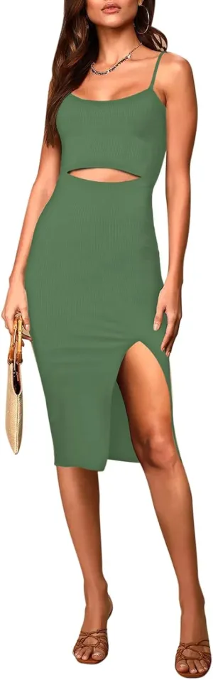 Pink Queen Women's Spaghetti Strap Cutout Side Slit Ribbed Knee Length Bodycon Midi Dress