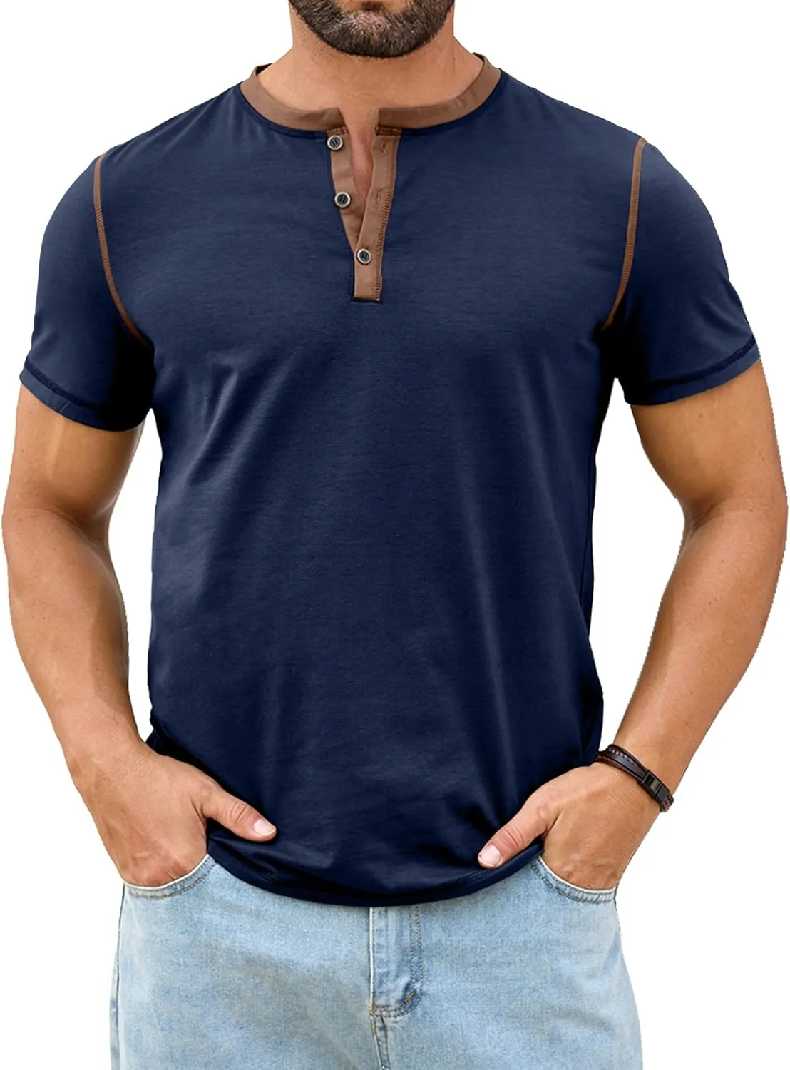 PLEPAN Mens Henley Shirts Crewneck Short Sleeve Casual Cotton T-Shirts with Contrast Color Collar