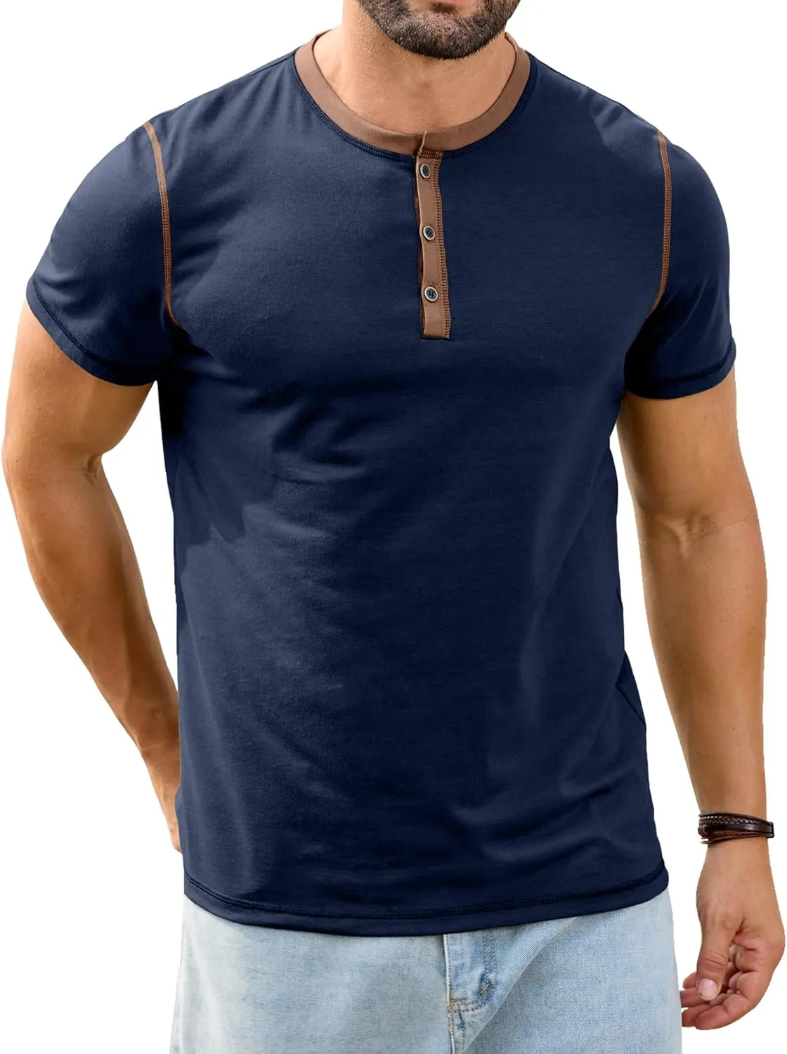 PLEPAN Mens Henley Shirts Crewneck Short Sleeve Casual Cotton T-Shirts with Contrast Color Collar