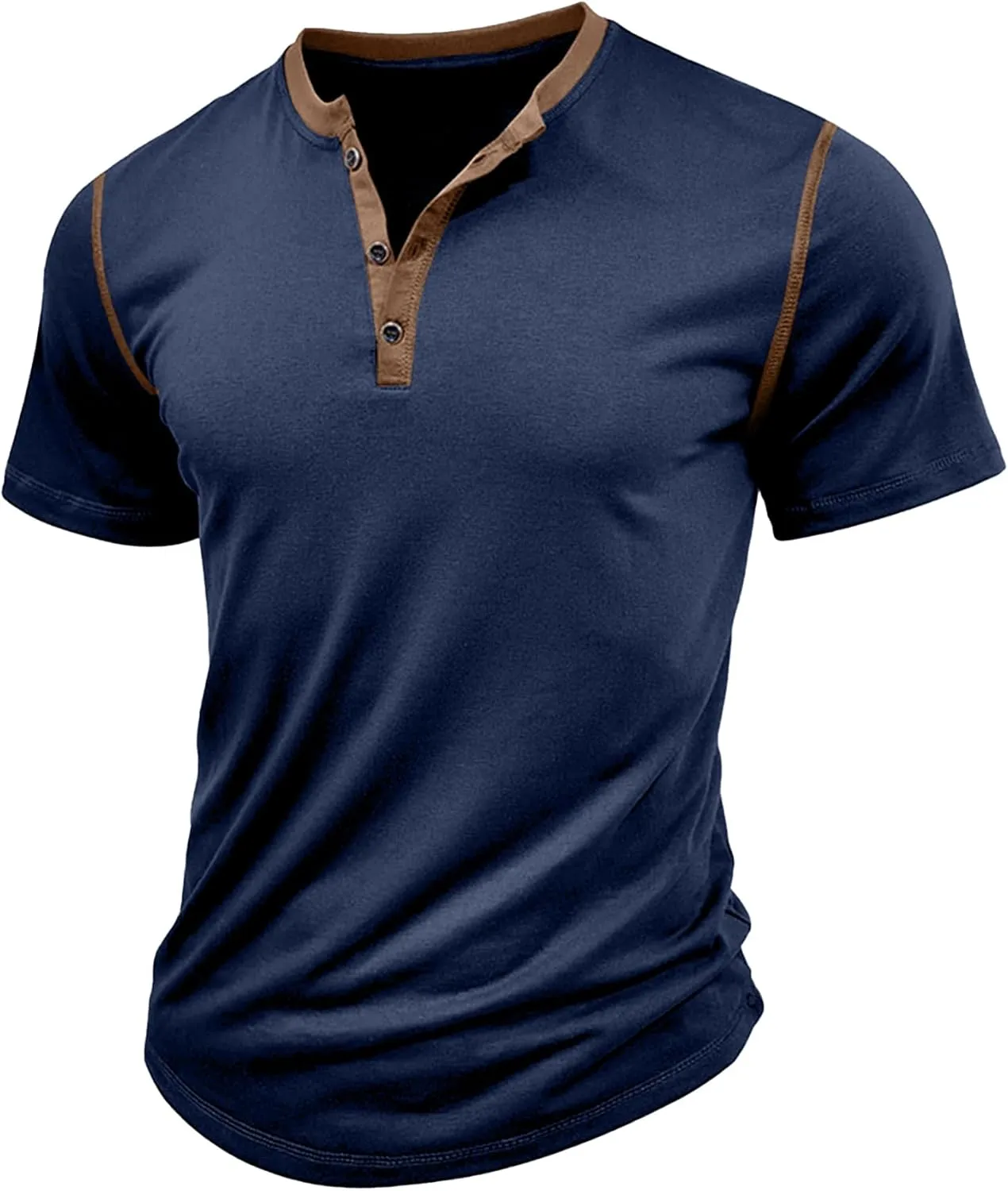 PLEPAN Mens Henley Shirts Crewneck Short Sleeve Casual Cotton T-Shirts with Contrast Color Collar