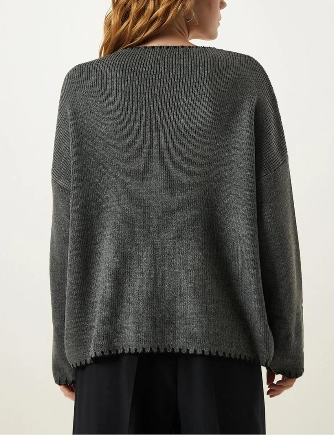 Qiaomai Womens V Neck Sweater Casual Loose Long Sleeve Contrast Cable Knit Pullover Jumper Tops