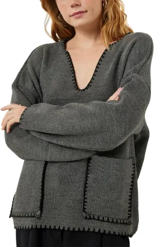 Qiaomai Womens V Neck Sweater Casual Loose Long Sleeve Contrast Cable Knit Pullover Jumper Tops