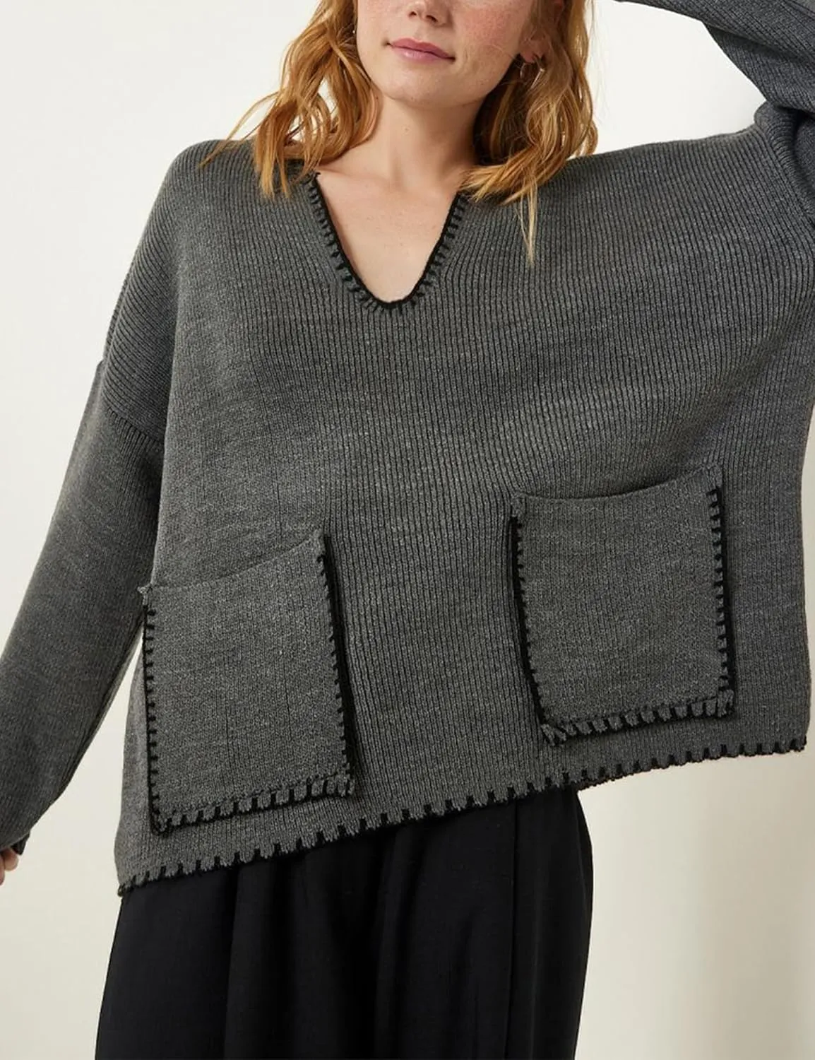 Qiaomai Womens V Neck Sweater Casual Loose Long Sleeve Contrast Cable Knit Pullover Jumper Tops