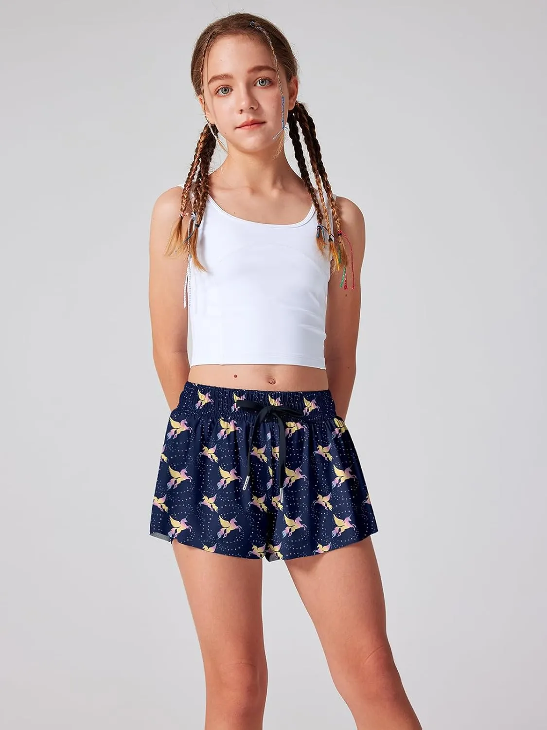 Quedoris Girls' Active Shorts Butterfly Flowy 2 in 1 Shorts Quick-Dring Athletic Shorts with Pockets