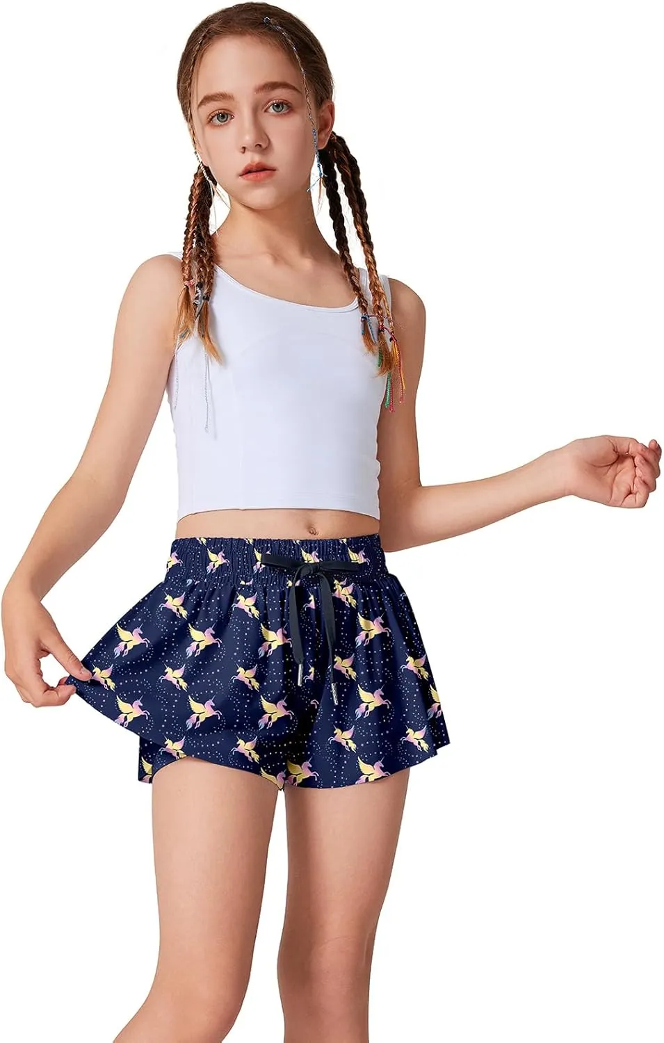 Quedoris Girls' Active Shorts Butterfly Flowy 2 in 1 Shorts Quick-Dring Athletic Shorts with Pockets