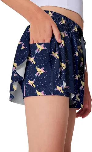 Quedoris Girls' Active Shorts Butterfly Flowy 2 in 1 Shorts Quick-Dring Athletic Shorts with Pockets