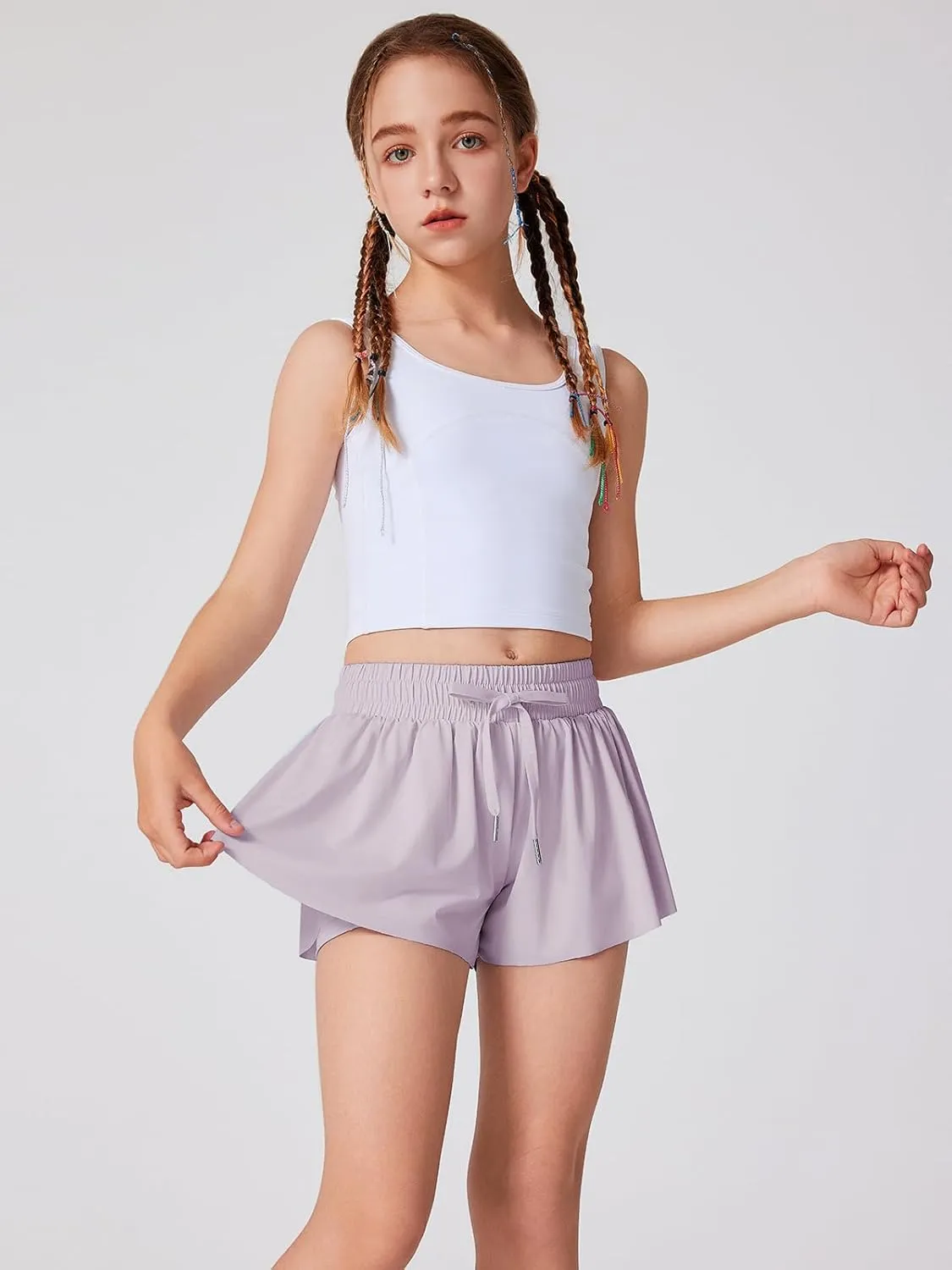 Quedoris Girls' Active Shorts Butterfly Flowy 2 in 1 Shorts Quick-Dring Athletic Shorts with Pockets