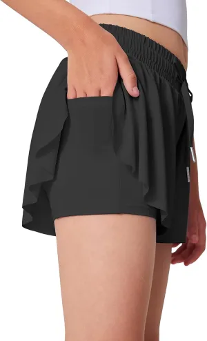 Quedoris Girls' Active Shorts Butterfly Flowy 2 in 1 Shorts Quick-Dring Athletic Shorts with Pockets