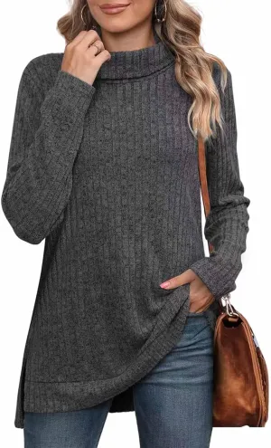 Raboolion Women's High Neck Ribbed Pullover Elegant Oversized Turtleneck Side Split Tunic Tops Sweaters