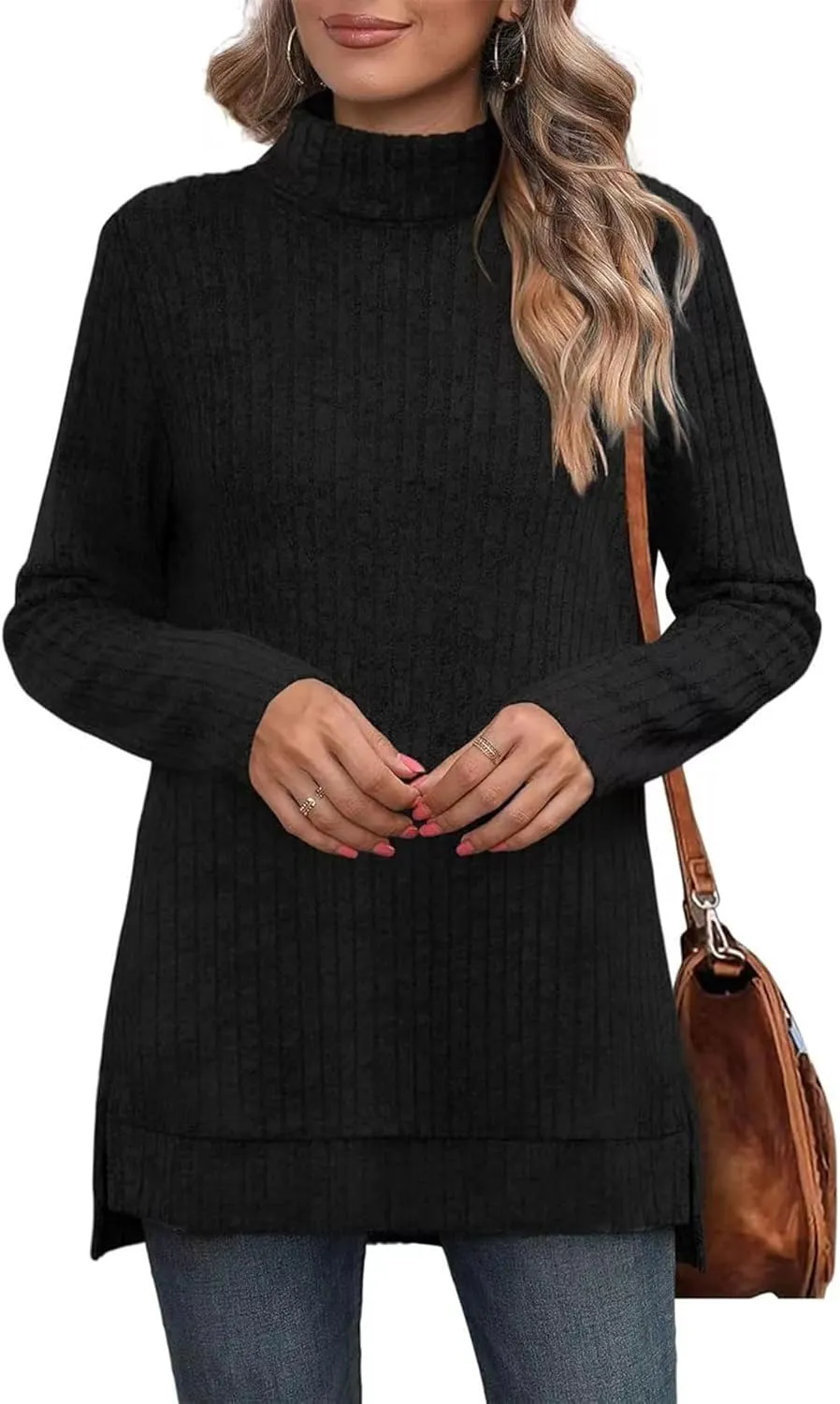 Raboolion Women's High Neck Ribbed Pullover Elegant Oversized Turtleneck Side Split Tunic Tops Sweaters