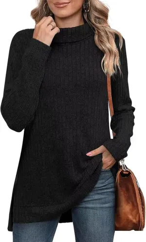 Raboolion Women's High Neck Ribbed Pullover Elegant Oversized Turtleneck Side Split Tunic Tops Sweaters