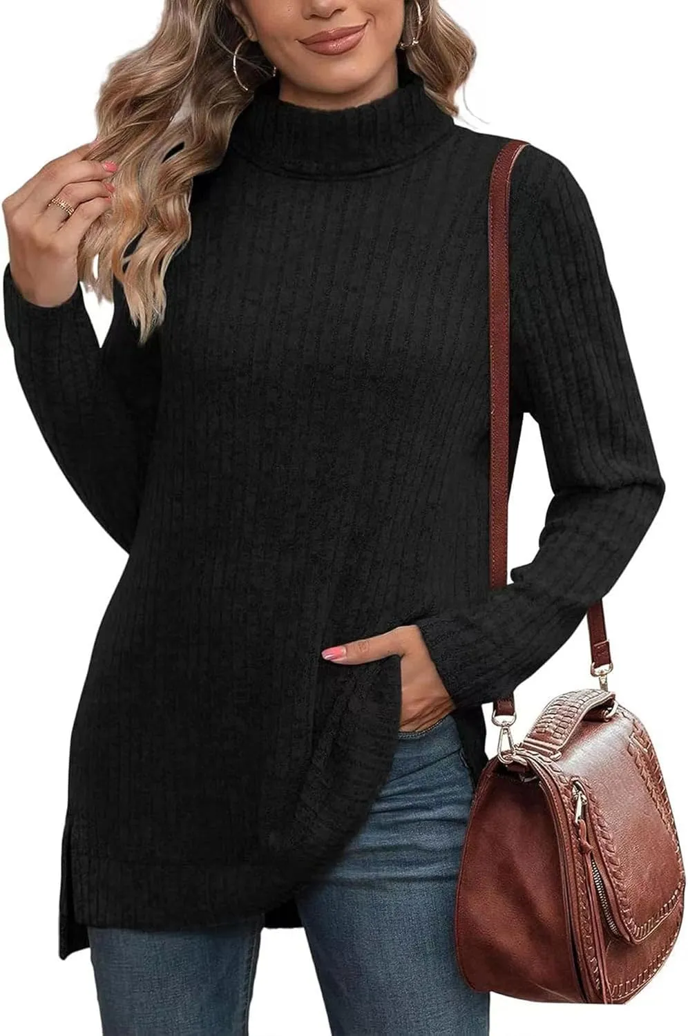 Raboolion Women's High Neck Ribbed Pullover Elegant Oversized Turtleneck Side Split Tunic Tops Sweaters