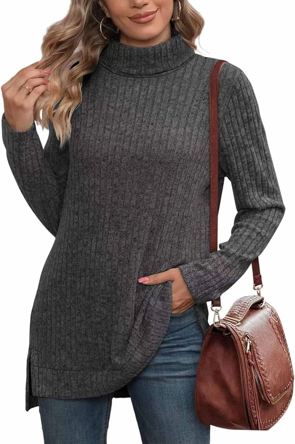 Raboolion Women's High Neck Ribbed Pullover Elegant Oversized Turtleneck Side Split Tunic Tops Sweaters