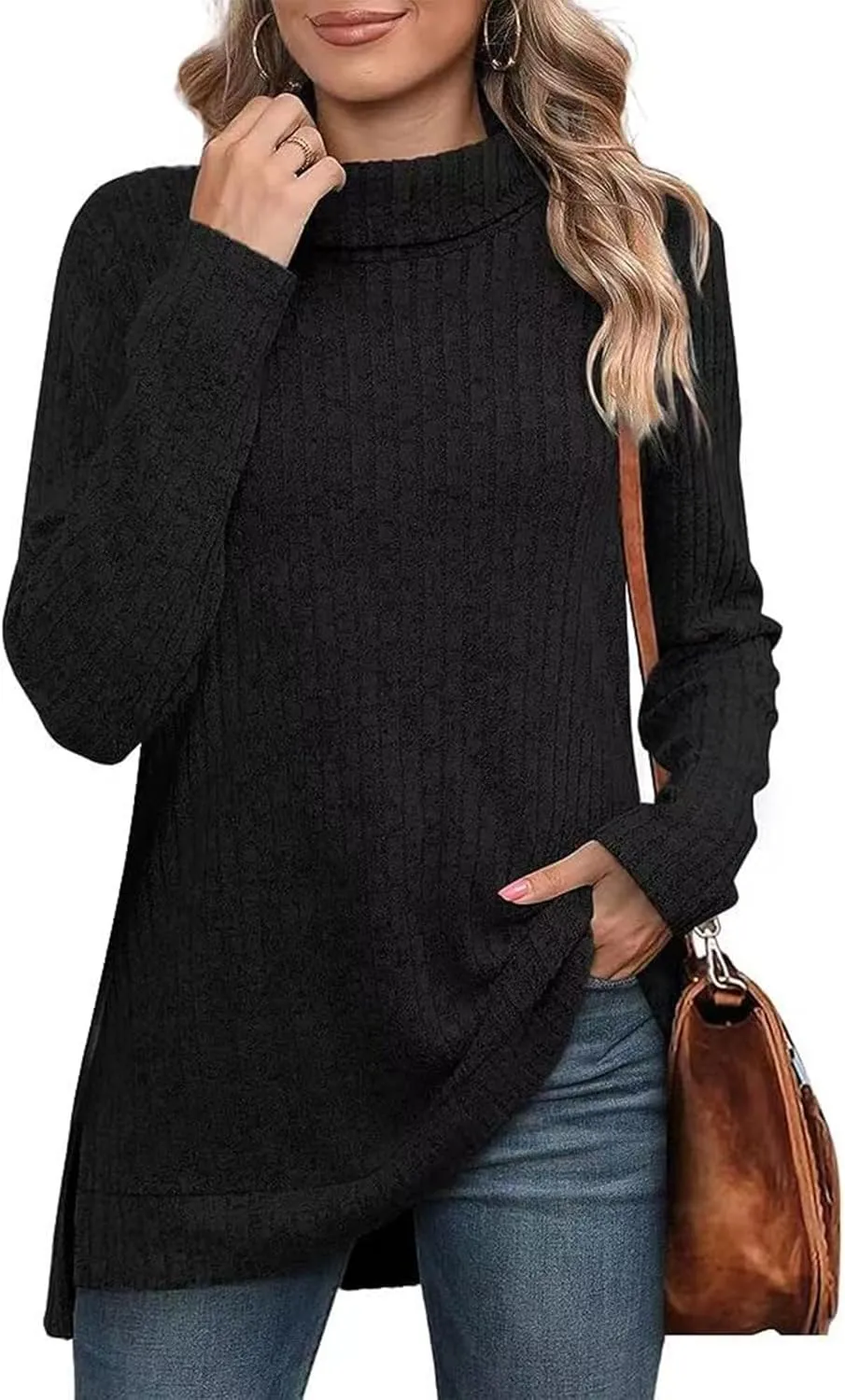Raboolion Women's High Neck Ribbed Pullover Elegant Oversized Turtleneck Side Split Tunic Tops Sweaters